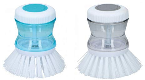 Soap Dispensing Palm Dish Brush Kitchen Brush For Dishes Pot Pan Sink Cleaning Small Dish Scrubber Round Brush With Built In Soap Dispenser, Pack Of 2 (Blue & Grey)