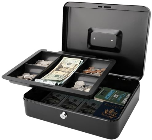 Jssmst Large Cash Box with Key Lock - Durable Metal Cash Box with Money Tray, 11.81 x 9.84 x 3.46 inches (X-Large, Black)