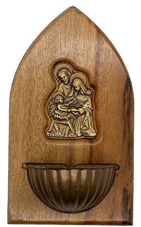 Holy Water Font | Saint Benedict | Our Lady of Grace | Holy Family | Beautiful Wood Base with Bronze-Tone Religious Figures and Holy Water Font | Catholic Home Decor (Holy Family)