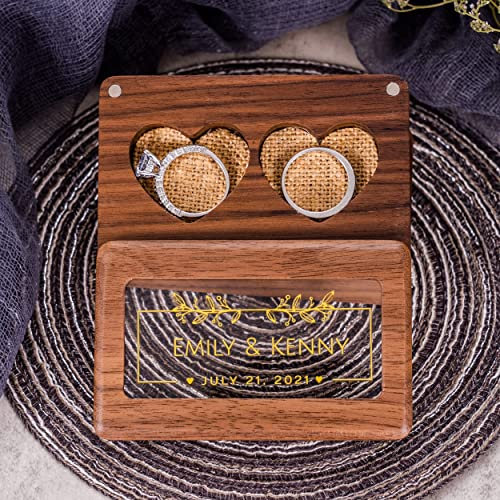 KEMEILA Personalisierte hölzerne Ringschatulle, benutzerdefinierte Schmuckschatulle, Ringhalter, Moderne, rustikale Box für 2 Ringe, Walnussholz-Aufbewahrungsbox, Geschenk Hochzeitsantrag, Verlobung