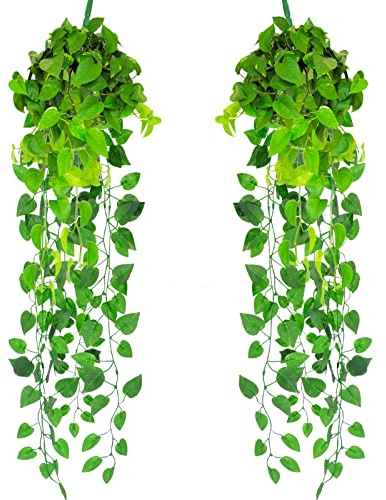 WWW Artificial Hanging Plants, 2 Pack Artificial Ivy, Fake Hanging Vine Leaves for Wall Wedding Home Room Kitchen Outside Decoration