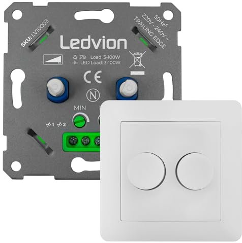 Ledvion - LED Duo Dimmer 3-100 Watt, inkl. Weiße Abdeckplatte, Universell, LED, Einbaudimmer, Phasenabschnitt