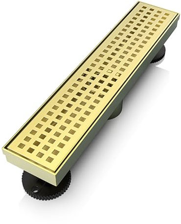 WEBANG 12 Inch Linear Shower Drain Rectangular Floor Drain with Accessories Square Hole Pattern Cover Grate Removable SUS304 Stainless Steel CUPC Certified Brushed Gold