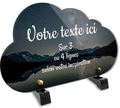 OCAP-FUNERAIRE.COM Placa conmemorativa personalizable en plexiglás con diseño de montañas, lago y cielo estrellado, varios tamaños, grosor de 6 mm, personalizable en varias líneas, 25 x 15 cm