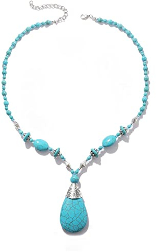 HMOOY Türkis Halskette, Vintage Böhmische Türkis Perlen Halskette Verstellbare Lange Türkis Tropfen Anhänger Halskette Western Ethnische Boho Schmuck für Damen Mädchen