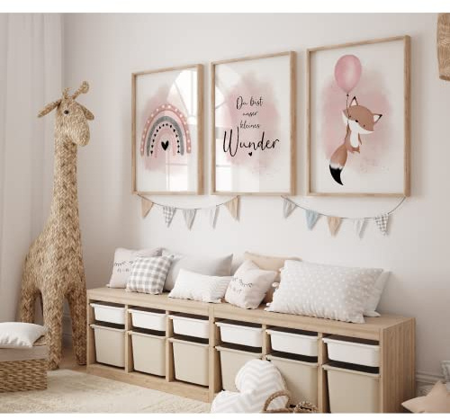 MeinBaby123® Bilder Kinderzimmer | 3er Set DIN A2 Poster Set | Deko| Wandposter Premium (Fuchs & Luftballon rosa A2)