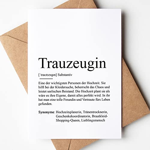 KAMEWI® Grußkarte TRAUZEUGIN Definition | Klappkarte mit Briefumschlag aus Kraftpapier | Beste Freundin Bedanken Geschenk Hochzeit Antrag Lieblingsmensch Herzensmensch Seelenverwandte