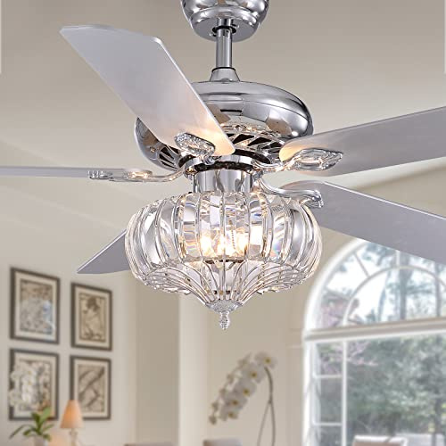 Ceiling Fan with Lights for Bedroom, 48” Crystal Fans Light with Remote Control, Silver Ceiling Lamps for Living Room Dining Room Fandelier with 5 Wood Blades Reversible Vintage Modern