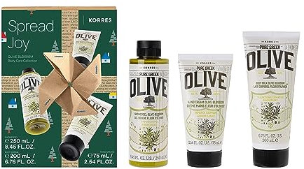 KORRES OLIVE BLOSSOM Hand & Körperpflege-Set, Geschenkset für Damen und Herren, Bodymilk 200 ml, Duschgel 250 ml & Handcreme 75 ml, vegan