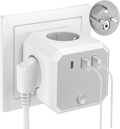 Socket Cube, Socket Cube Without Cable, 7-in-1 Socket Adapter, Socket Cube with 3 USB with Switch, 4 Compartment Multiple Socket Without Cable, Multiple Plug Without Cable - White