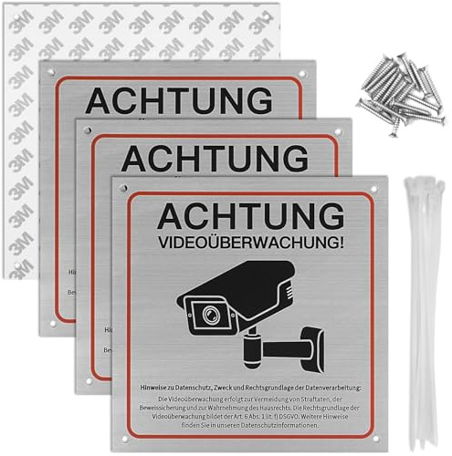 15x15cm Videoüberwachung Schilds Aluminium, 4 Stück Schild Videoüberwachung Privatgrundstück, Selbstklebend Kamera Überwachung Schild mit Bohrlöcher für Innen Außen