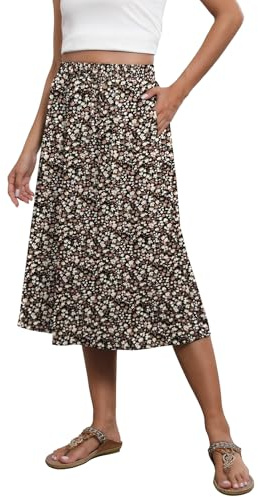 Witsmile Womens Casual Aline Midi Skirt with Pockets Pleated High Waist Floral Print Knee Length Skirt(Black Print,M)