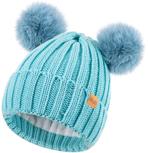 Women's Winter Warm Knit Beanie with Faux Fur Pom Skull Cap Cozy Fleece Lined Hat for Women Light Green