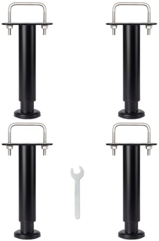 Pied de Lit Universel, Pieds pour Sommier à Lattes sans Perçage, Hauteur Réglable 18-30cm, U Largeur Interne 68mm, Design: Metallique Noir, Rond ø 3.8cm, pour Le Cadre Central sans Trou, Lot de 4
