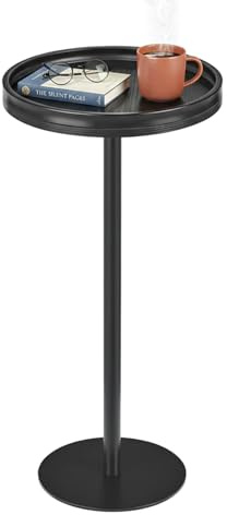 ZEXVIDA Black Industrial Martini Table,Round Drink Table,Modern Pedestal Side Table with Black Wood Grain Tray Top, Weighted Metal Base End Table for Living Room,Small Spaces,Next to Sofa, 24.7 Tall