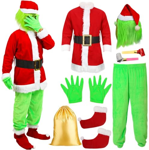 SINSEN Costume de Noël pour homme adulte - Tenue de Père Noël avec masque - Monstre vert - Costume de Père Noël en fourrure - Costume de Noël