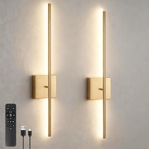 EIDEARAY Battery Operated Wall Lights Indoor, USB Rechargeable LED Wall Lamp with Remote Control, Dimmable Wall Light Wireless, Gold 70CM Modern Wall Sconce for Living Room Bedroom(2 Pack)