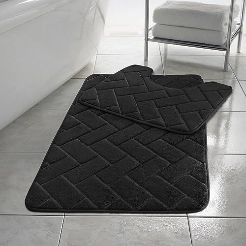 EXQUIZIT HOME Luxuriöses Badematten-Set aus Memory-Schaum, rutschfest, schnell trocknend, ultra-saugfähig, weich gepolstert, 100 % Polyester, Schwarz, 2-teilig