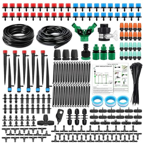 USHOP Kit di Irrigazione a Goccia,45M+15M Tubo da Irrigazione,Kit Irrigazione Goccia Giardino,con 3 ugelli Regolabili,per Orto,Terrazzo, Paesaggio,Aiuola