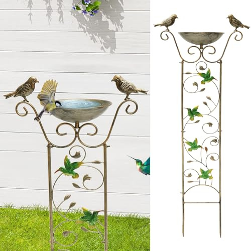 Vogeltränke Stehend 105×37cm Vogelbad Garten Metall mit Erdspieß Schmetterlings Kolibri Musterdesign Vogeltränke Winterfest Wassertränke für Vögel für Garten Terrasse Innenhof Rasen (Kolibri)