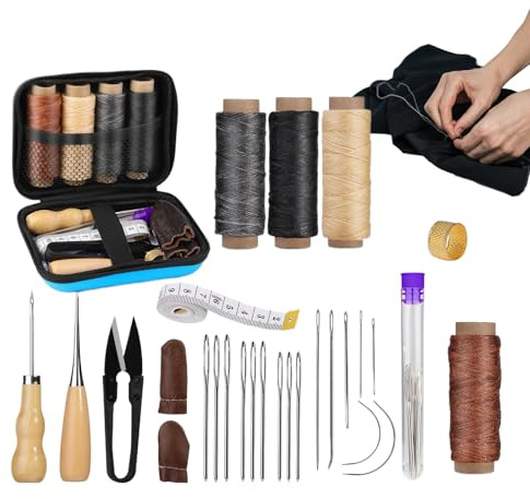 Kit de Costura para Cuero - Kit de Agujas de Coser a Mano, Lezna e - Herramientas y Suministros de Marroquinería Resistentes para Reparaciones de Muebles y Sofás