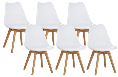 SAM 6er Set Esszimmerstuhl Lovelace, Weiß, Stuhlbeine Eichenfarben | Sitzschale Kunststoff & Sitzpolster Kunstleder | Massivholz | 49 x 54 x 82 cm | Schalenstuhl skandinavischer Stil