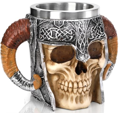 YDZYFFS Coffee Cups - Mug - Wine Glasses, 3D Stainless Steel Skull Mug,580ML Halloween Viking Drinking Cup, Large Skeleton Resin Beer Stein Tankard with Double Handles