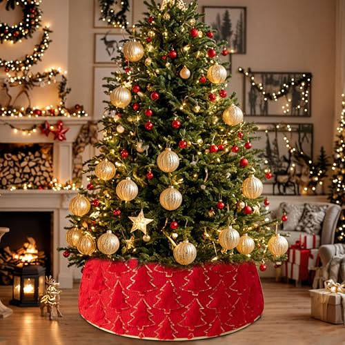 SilverChry Weihnachtsbaum Rock, Weihnachtsbaum Kragen, Tannenbaum Fuss Abdeckung, Christmas Tree Collar, Weihnachtsbaumdecke Faltbarer, Christbaumumrandung Rund, Rot Weihnachtsdekorationen