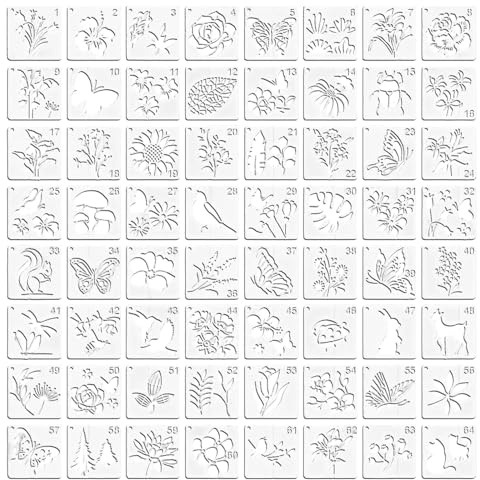 Duoleimi 64 Piezas Juego de Plantillas 7,6 x 7,6 cm: Plantillas Reutilizables para diseño Textil, diseño de Paredes, Madera, Muebles y Bricolaje; Plantillas con Flores, Hojas y Animales