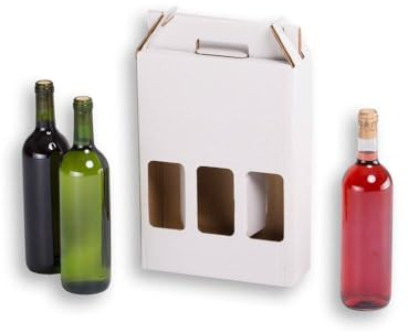 TELECAJAS | 20 Estuches 3 Botellas de Vino Automontable con Asas para regalos, Cartón Blanco | Pack de 20