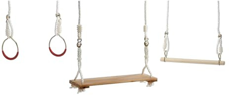 Idena 40394 - Schaukel Set aus Holz mit Brettschaukel, Trapez und Ringen, für Kinder ab 5 Jahren, mit verstellbaren Halteseilen und Stahlringen, Tragkraft bis 50 kg