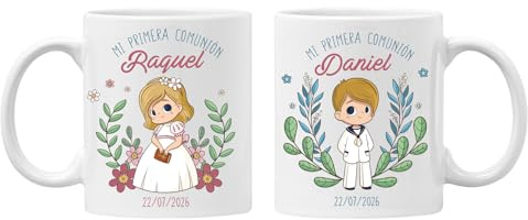 Genérico Taza Personalizada con Nombre y fecha para Comunión, Cerámica Blanca, Diseño para niño y niña, Recuerdo de Primera Comunión (Diseño Rosa)