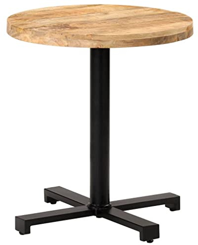Pyvara Bistrobord rund av grov mangoträ med svart järnfot 70 cm diameter 75 cm höjd stabilt matbord köksbord matbord för inomhus och trädgård