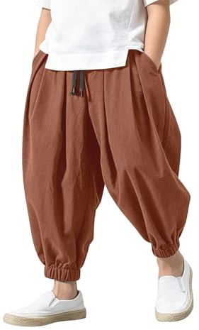 Generisch Boys Cotton Linen Harem Jogging Bottoms UK Drawstring Elastic Waist Baggy Loose Cuffed Ankle Trousers Wide Leg Casual Summer Streetwear Kids Play Pants with Side Pockets