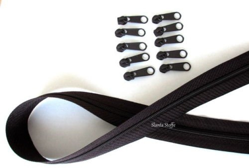 10m Reißverschluss endlos, Spirale 3mm + 30 Schieber/Zipper 33 Farben, Meterware (schwarz)