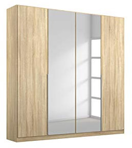 Rauch Möbel Alabama Schrank Kleiderschrank Drehtürenschrank Eiche Sonoma mit Spiegel, Holz, 4-türig inklusive Zubehörpaket Classic 2 Kleiderstangen, 7 Einlegeböden BxHxT 181x229x54 cm