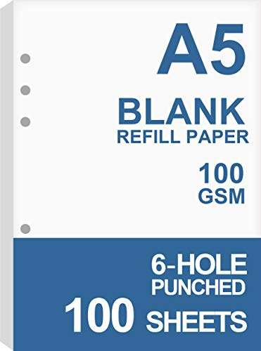 Nokingo A5 tomt påfyllningspapper för Filofax planerare/pärmar, 100 ark/200 sidor, 100 gsm vitt papper, 6 hål lösa bladpapper, 14,8 x 21 cm