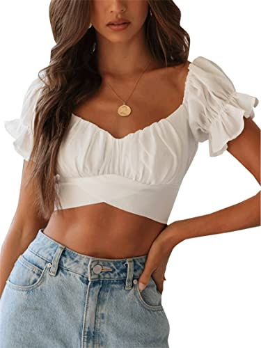LYANER Women's Cute Ruffle Puff Short Sleeve Tie Back Crop Top Off The Shoulder Cropped Blouse White X-Small