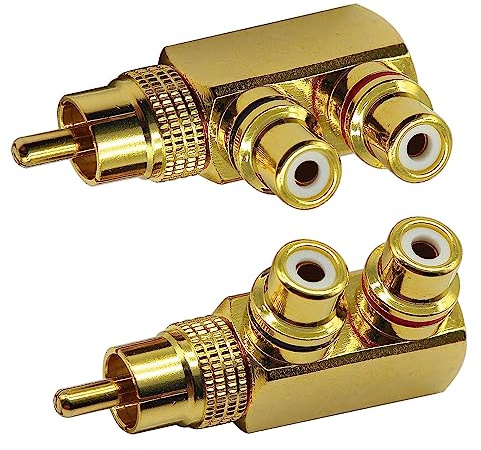 LYLGO 2 Pack Gold-Plated 90 Degree Right Angle RCA Male to 2 RCA Female Jack Audio Video TV Adapters