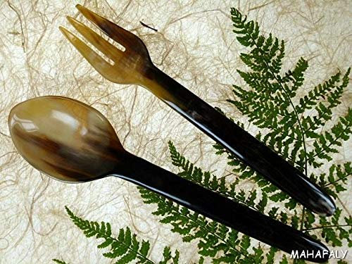 Horn Salatbesteck Classic groß 34 cm, echt Rinderhorn Naturbesteck giftfrei plastikfrei antiallergen geschmacksneutral fair handel nachhaltige handarbeit