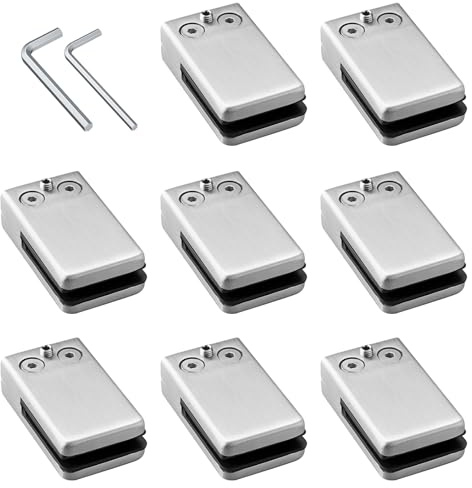 Kamtop 8 Pcs 6mm-8mm Glass Clamps, 304 Stainless Steel Square Glass Clamp, Glass Clip Holder Adjustable Glass Bracket Flat Back for Balustrade Handrail Staircase Stair Railing Glazing, Polished