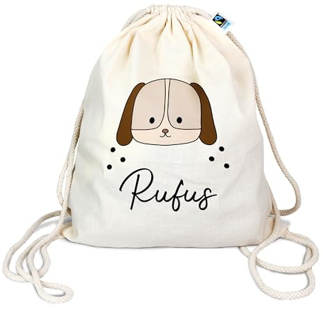 Manilu Bio Turnbeutel mit Namen personalisiert & Bedruckt | Motiv Hund | Stoffbeutel Schuhbeutel Sportbeutel Wäschebeutel Rucksack für Kinder Jungen & Mädchen | inkl. NAMENSDRUCK