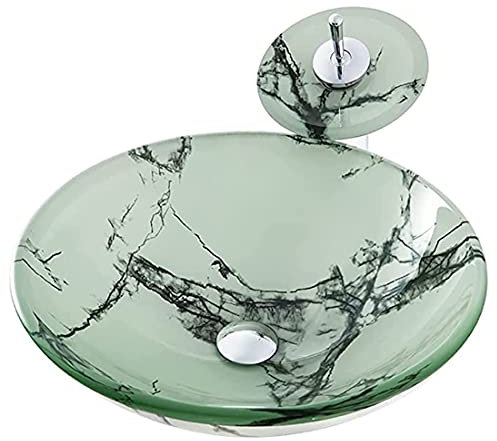 XYEJL Modern and Simple Tempered Glass Wash Basin, Bathroom Tempered Glass Vanity Round Bowl, Artistic Vessel Sink, with Waterfall and Pop Up Drain Combo,C