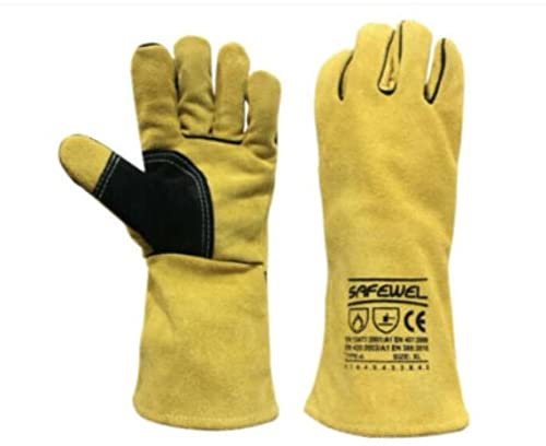 Safewel Premium Gold + Black Leather Welders Welding BBQ PPE SAFETY Heat Resistant Gardening Gardeners Gloves Gauntlet - See Offers, XL