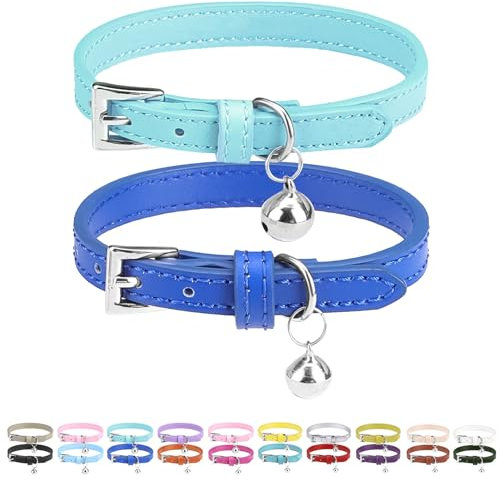 PUPTECK 2 Stück Katzenhalsband mit Glocke aus weichem Leder, verstellbar für Katzen, Kitten & Welpen. Ideal als Kittenhalsband oder Welpenhalsband, Blau