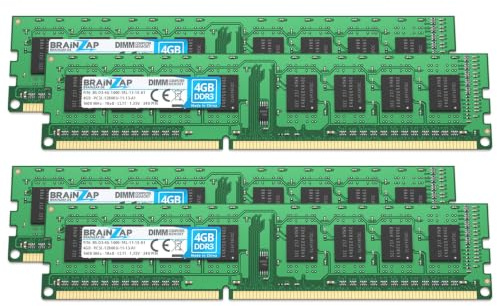 BRAINZAP 16GB (4x4GB) DDR3 1600MHz PC3L-12800U-11-13-A1 DIMM CL11 1Rx8 1.35V Unbuffered Non-ECC Memoria RAM para PC de sobremesa