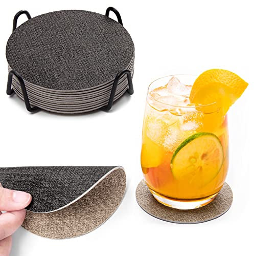 Chitomars Untersetzer Gläser 12er Set, Doppelseitigen Leder Untersetzer Rund rutschfest Glasuntersetzer Abwaschbare Getränkeuntersetzer Kunstleder Glas Untersetzer-Set (Grau Beige, Rund)