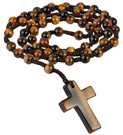 Nupuyai Catholic Rosary Beads Cross Pendant Necklace Men Women | Hand Knotted Holy Catholic Crystal Stone Rosary Beads, Beaded Cross Pendant, 62cm Prayer Necklace, Unisex Religious Jewellery