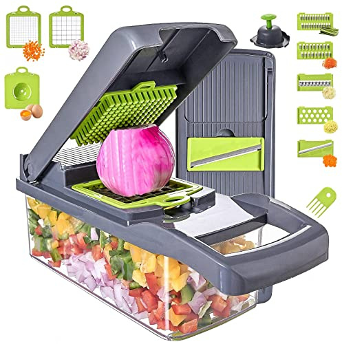 Gemüseschneider Dicer 13 in 1 mit 7 Klingen Gemüseschneider mit Behälter Zwiebelschneider Mandoline Slicer für Küche Ei Käse Obst Salat Kartoffel Karotte Knoblauch (Grau)