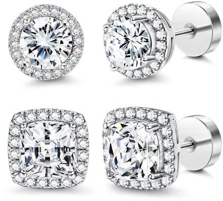 Morfetto Boucles d'Oreilles Carrées et Rondes en Zircone Cubique 14K Rond à Dos Plat pour Hommes et Femmes